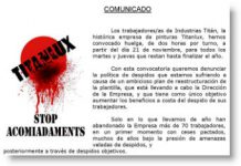 Los trabajadores/as de Industrias Titán convocamos dos horas de paro por turno