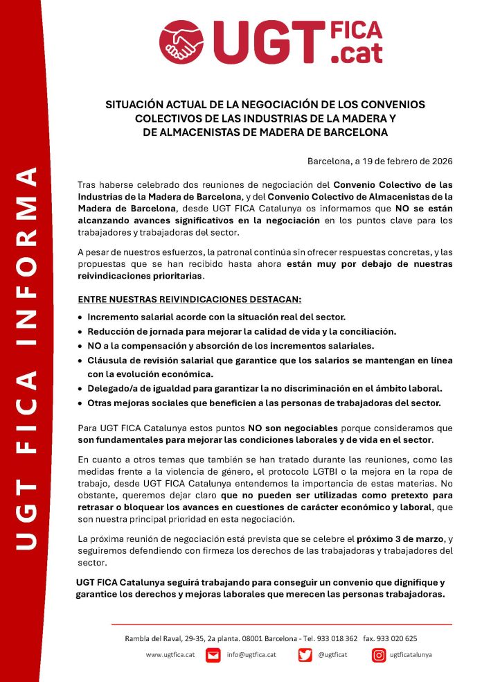 19.02.2026 - COMUNICADO NEGOCIACIÓN CONVENIOS INDUS. MADERA Y ALMACENISTAS MADERA DE LA PROVINCIA DE BARCELONA